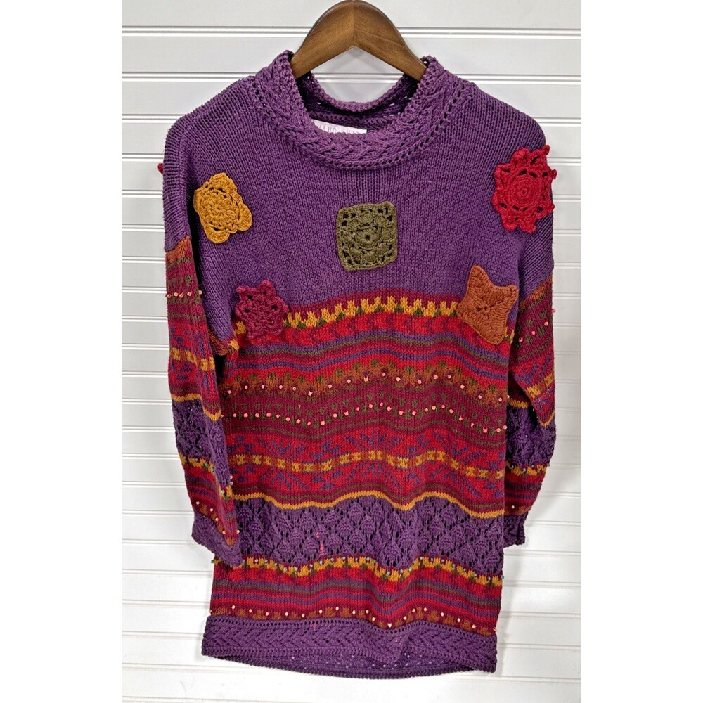 Vintage The Limited Hand Knit Sweater Dress M L Colorful Striped Boho 90s READ